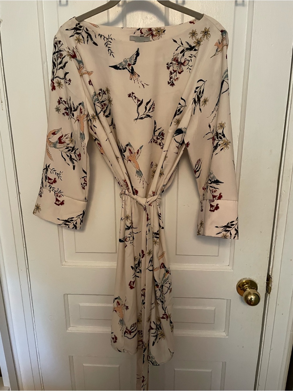H&M Cream Belted Dress with Multicolor Floral & Bird Print